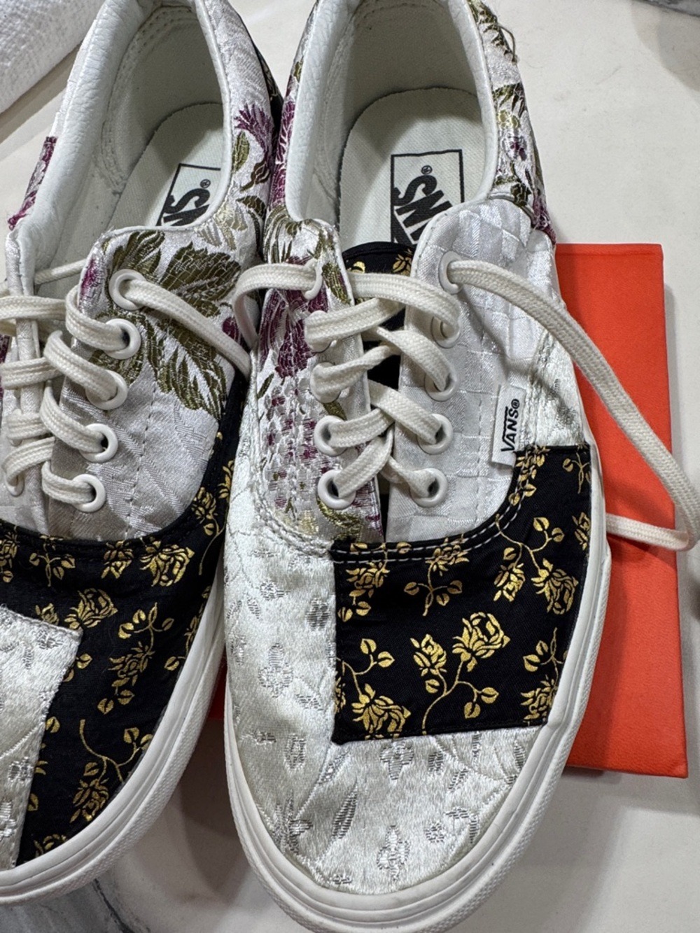 Vans Era Patchwork Floral Brocade Sneakers Men 7.5 Women 9 White Black Gold